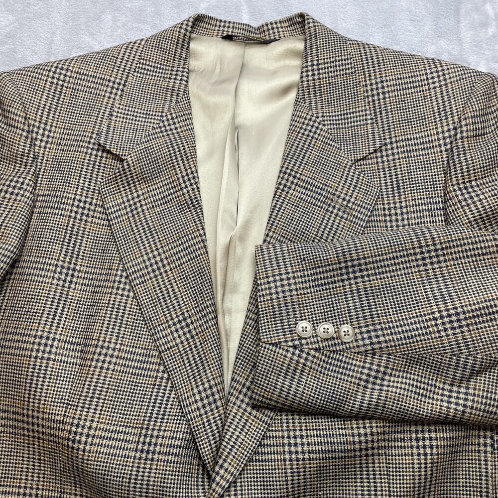 Allyn‎ Saint George 100% Silk Blazer Jacket Mens 42R Tan Black Houndstooth Plaid
